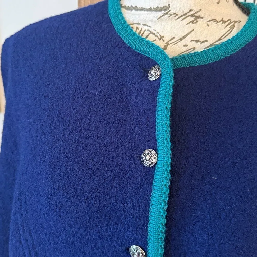 Vintage Tally-Ho 100% Wool Cardigan Sweater in navy blue with green trim